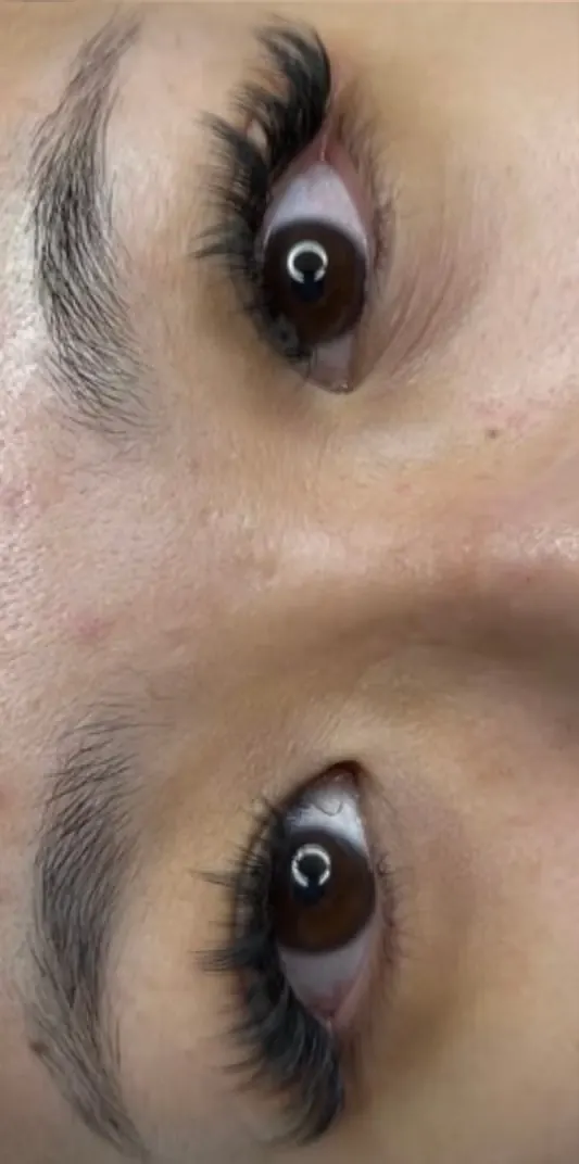 Both eyes from above, showing a matching fluffy lash set on each